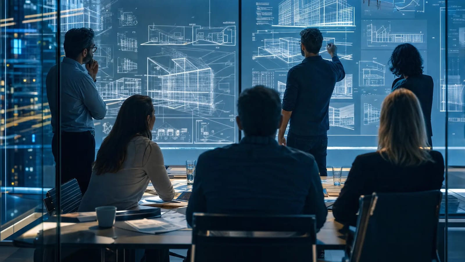 AI-generated illustration of a consulting workshop co-designing glowing architecture diagrams