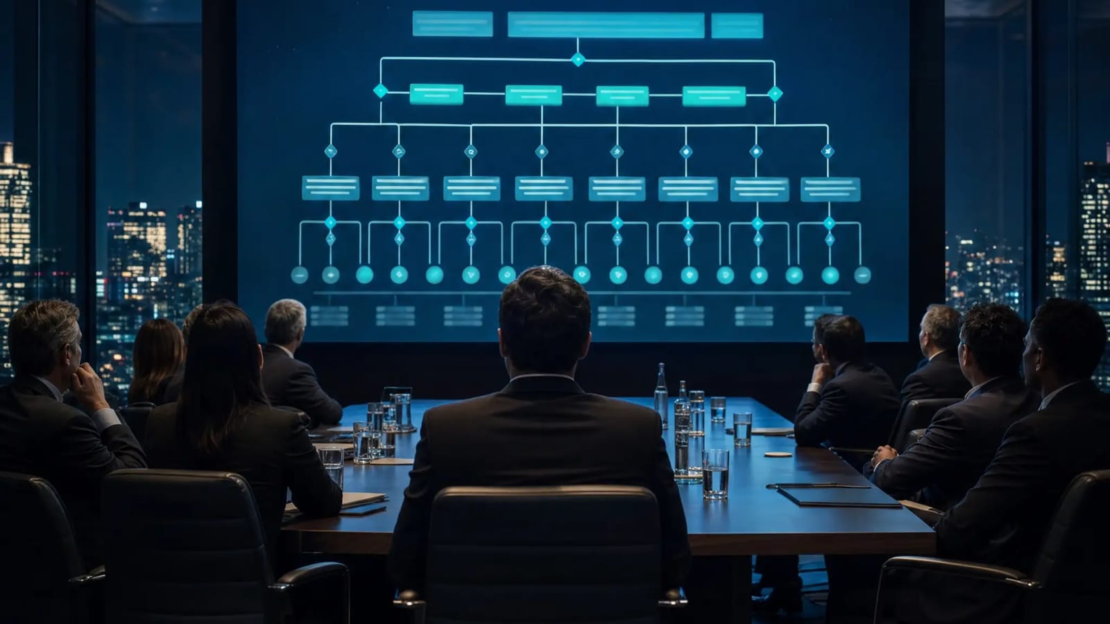 AI-generated illustration of an executive boardroom reviewing a glowing strategy roadmap