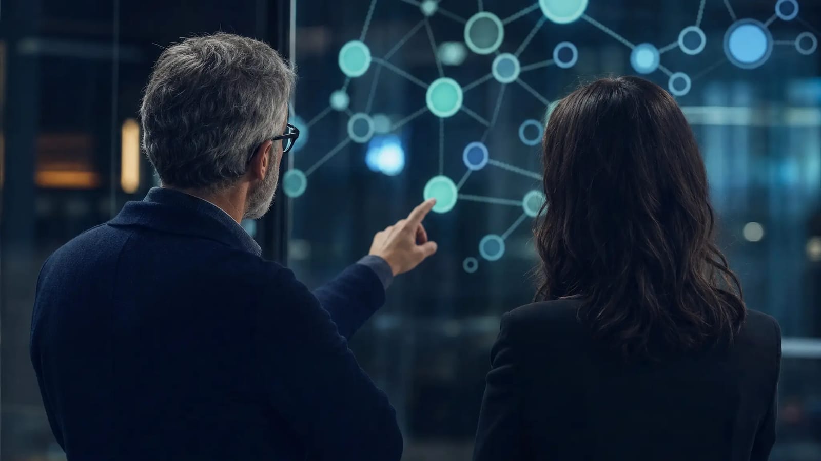 AI-generated illustration of two colleagues reviewing a glowing competency map on a glass wall