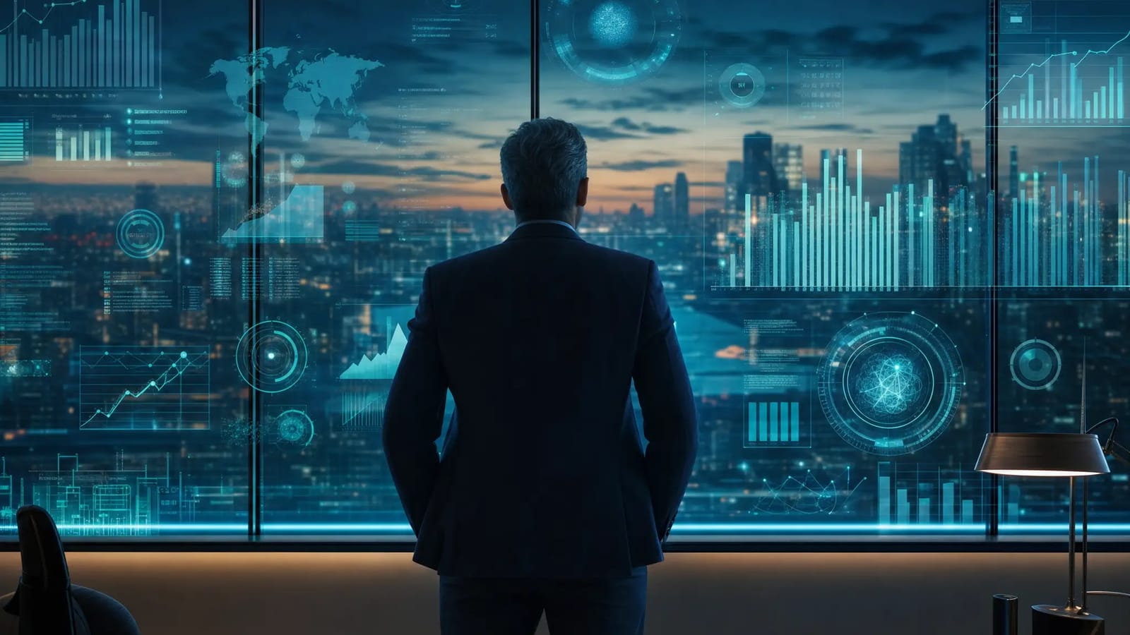 AI-generated illustration of an executive viewing glowing performance indicators over a city skyline