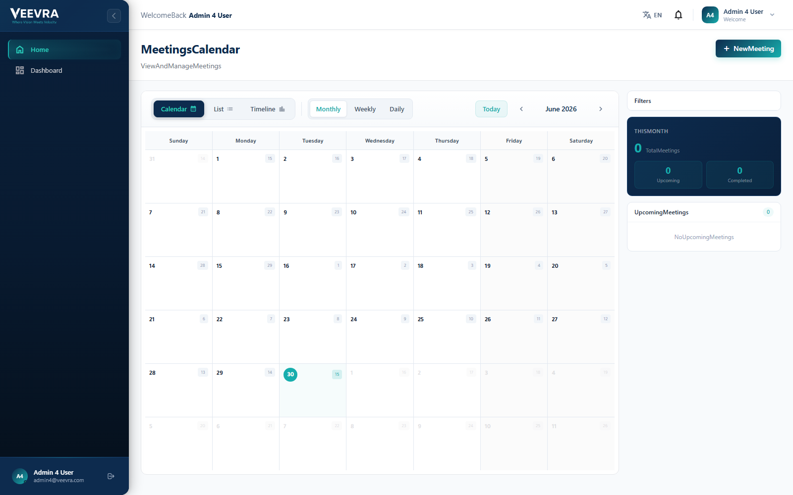 The Veevra Meetings calendar: monthly view with list, timeline, filters and this-month stats