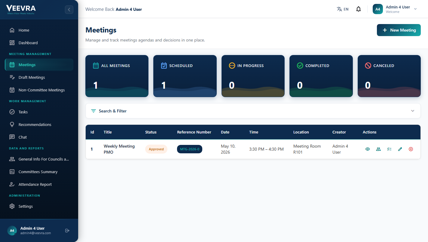 Meeting register with status, reference numbers and creators