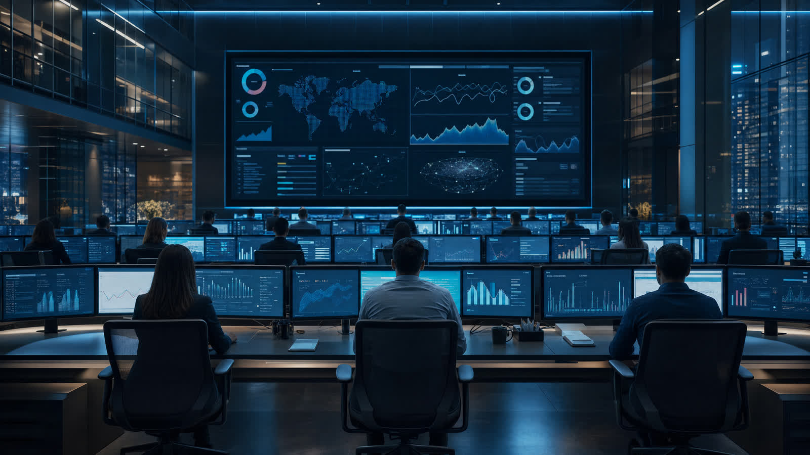 AI-generated illustration of an enterprise operations floor with an analytics wall
