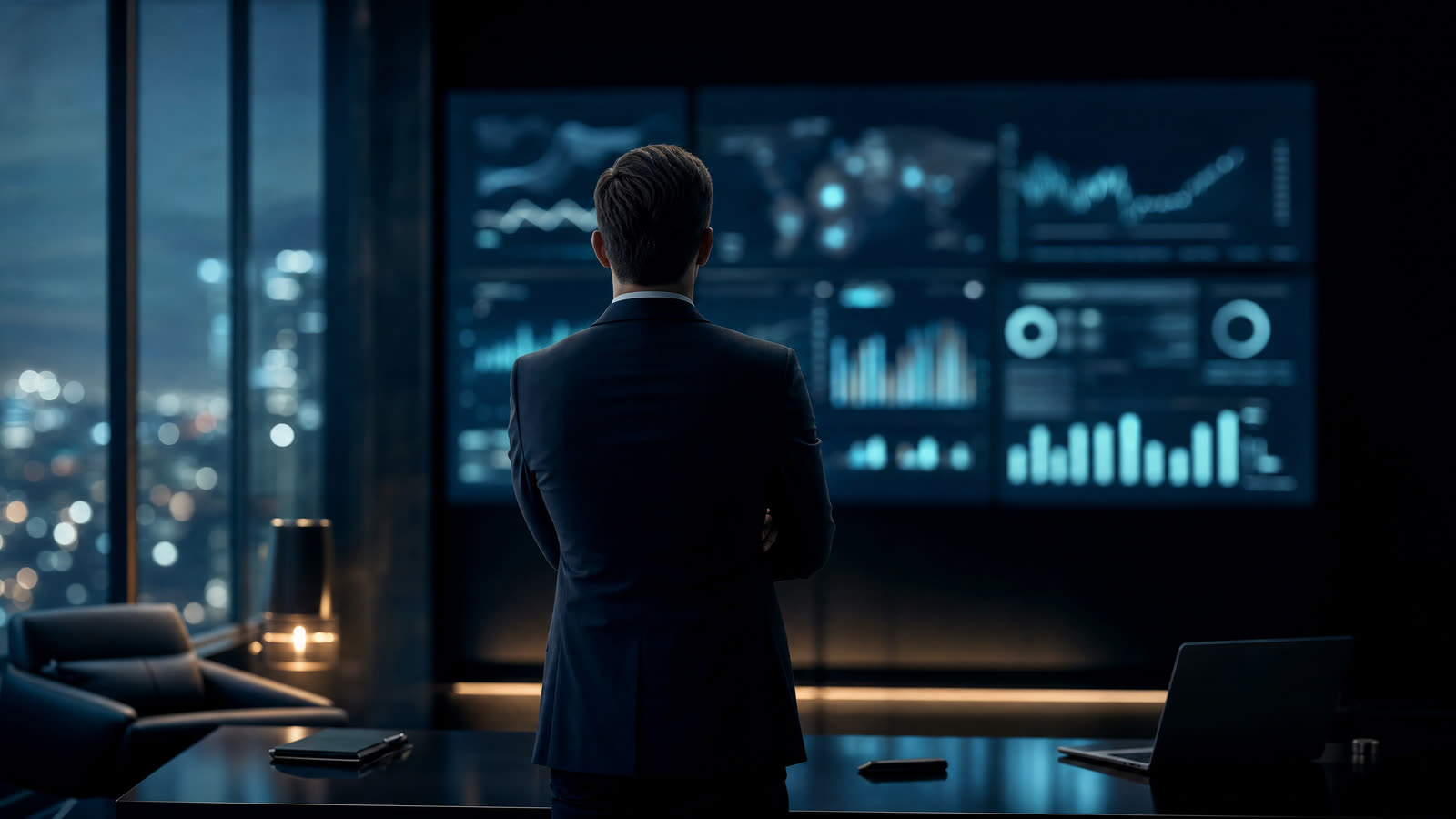 AI-generated illustration of an executive reviewing analytics dashboards