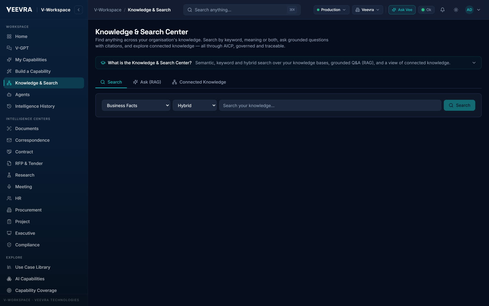 The V-Workspaces Knowledge and Search Center: search, grounded Q&A and connected-knowledge tabs over the organization's sources